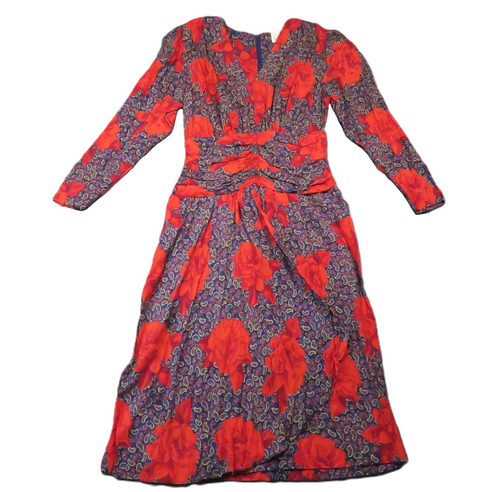 Warell Floral Paisley Dress 32 Red Ruched Midi V-Neck Shoulder Pads Vintage 80s